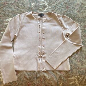 Cardigan silk blend sweater, classic silhouette. Pretty antique rose color.